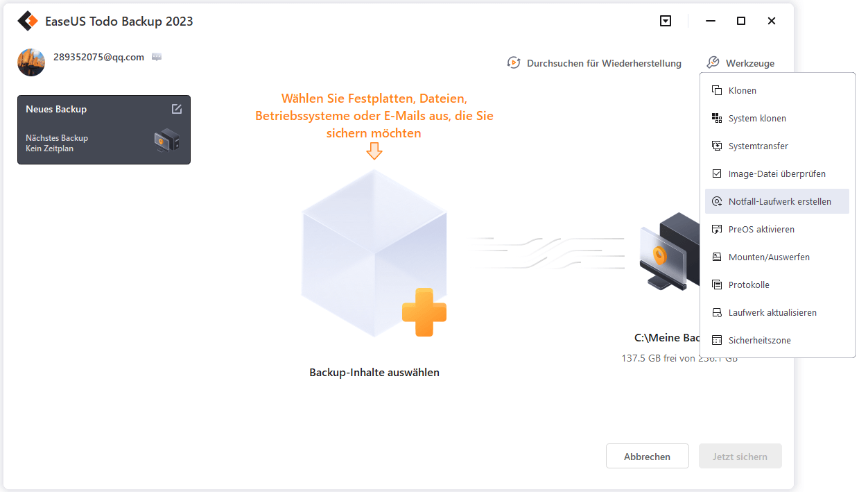 Todo Backup und klicken Sie auf Notfall-Laufwerk erstellen