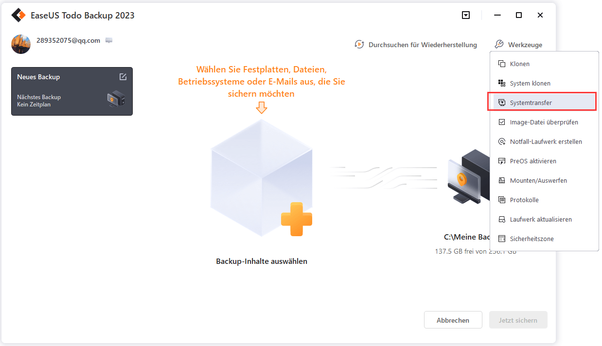 System-Image wiederherstellen - Systemtransfer auswählen