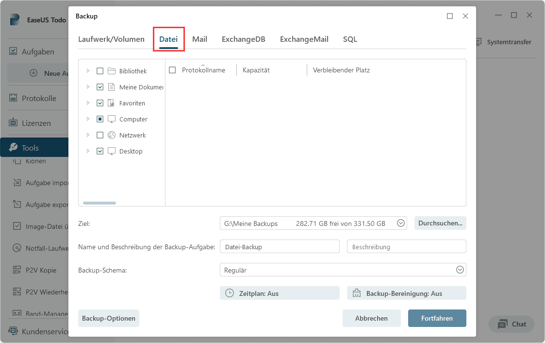 Klicken Sie auf neue Aufgabe, um eine Sicherung zu erstellen