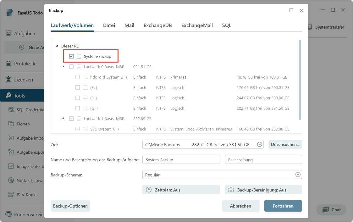 Sytem Backup für den Server erstellen