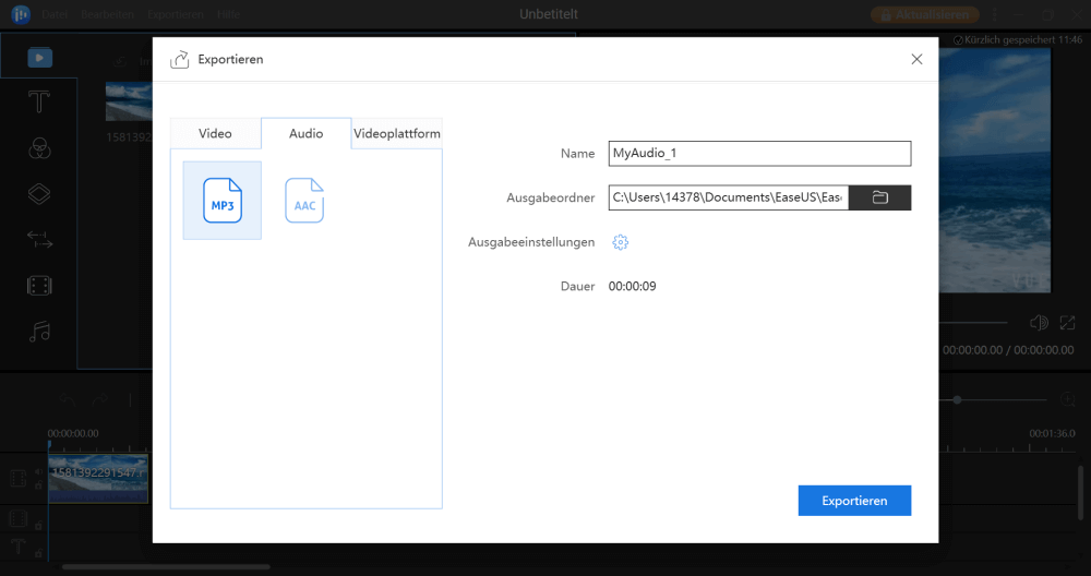 Video Datei exportieren als MP3