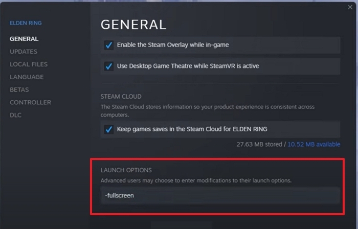 Vollbildoption beim Start von Elden Rings hinzufügen