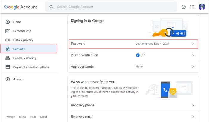 Passwortoption auswählen