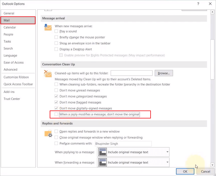 Gesprächsbereinigungsoptionen deaktivieren