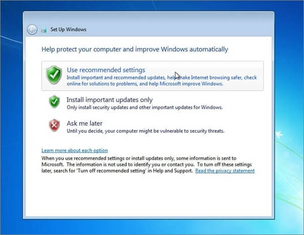 Empfohlene Einstellungen von Windows 7 verwenden