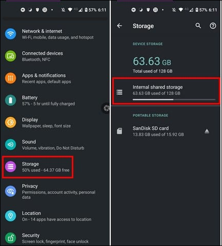 Gehen Sie zu den Einstellungen, dann zum Speicher und dann zum internen Speicher