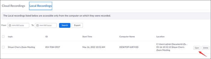 Öffnen Sie lokale Aufzeichnungen aus dem Profil