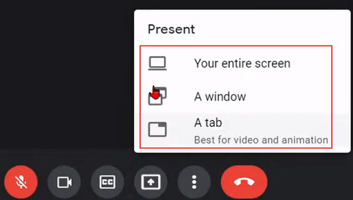 Bildschirmfreigabeoptionen in Google Meet