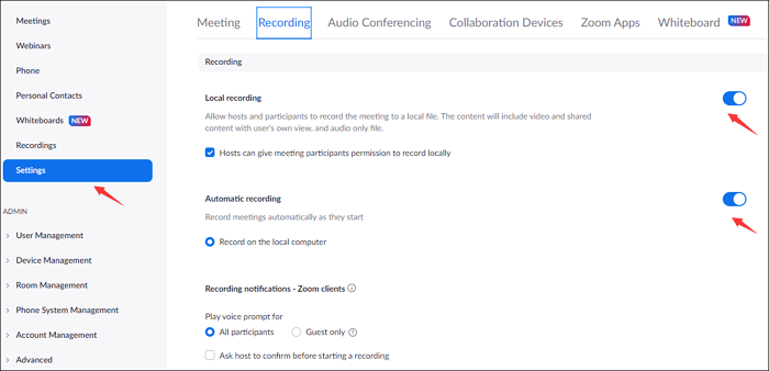 Aufnahmeeinstellungen im Zoom