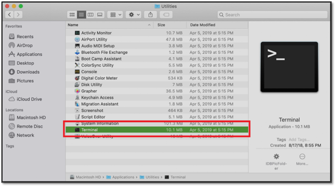 Suchen Sie in den Dienstprogrammen Terminal und doppelklicken Sie darauf