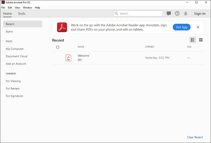 Adobe Acrobat Pro Startbildschirm