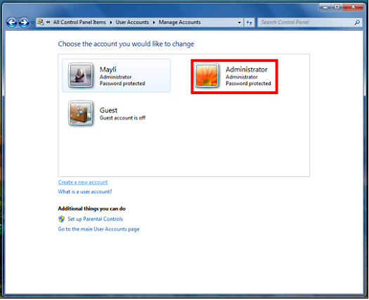 Wählen Sie das Administratorkonto aus