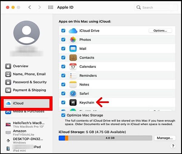 Aktivieren Sie die Schlüsselbundoption in der Liste