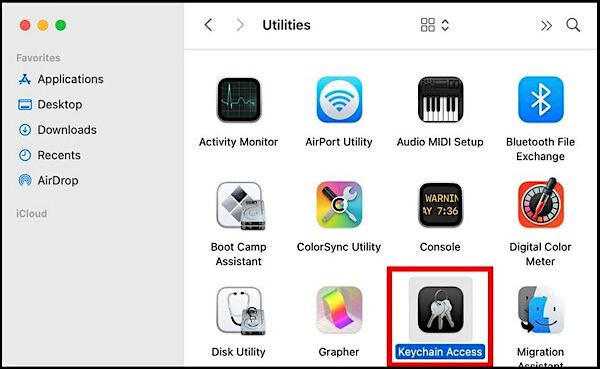 Wählen und öffnen Sie die Schlüsselbund-Zugriffsoption