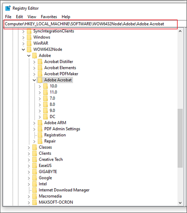 Adobe Acrobat-Serienschlüssel über die Registrierung