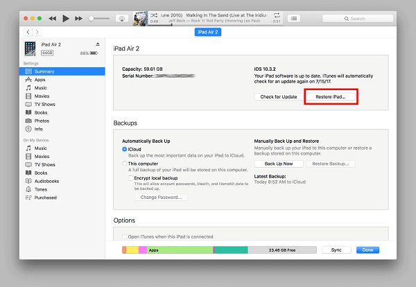 Löschen Sie das iPad durch Wiederherstellen aus iTunes