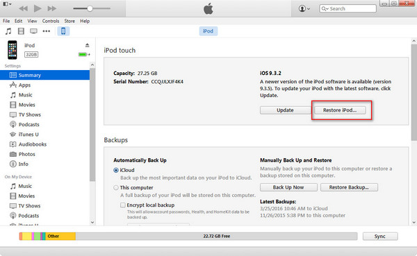Stellen Sie den iPod mit iTunes wieder her