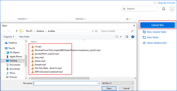 Dateien auf dropbox hochladen