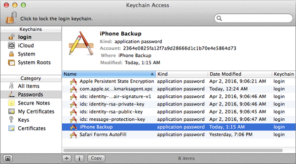 Passwort für die iTunes-Sicherungsverschlüsselung über den Schlüsselbund finden
