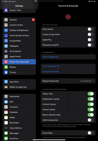 So entfernen Sie den Passcode vom iPad über die Einstellungen