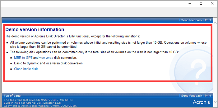 Einschränkungen der Demo von Acronis Disk Director