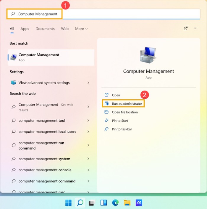 Computerverwaltung und als Administrator ausführen