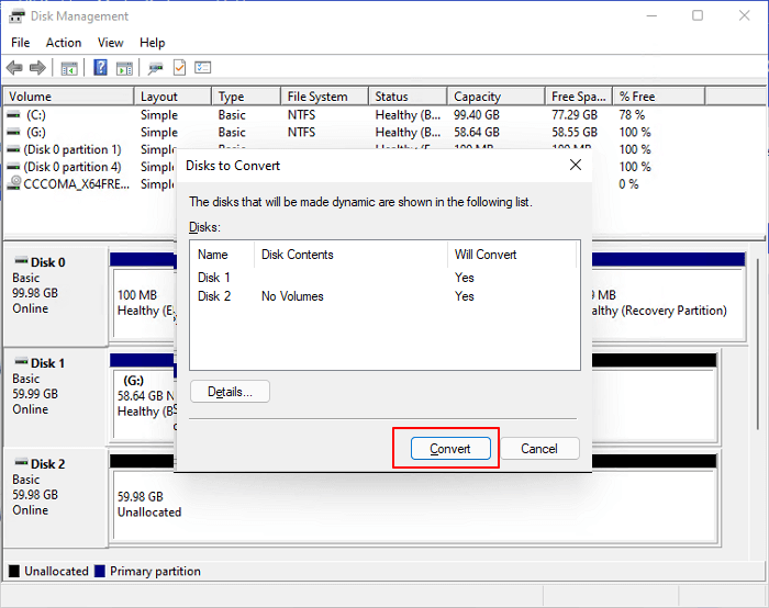 Bestätigen Sie die Konvertierung von zwei Datenträgern in dynamische