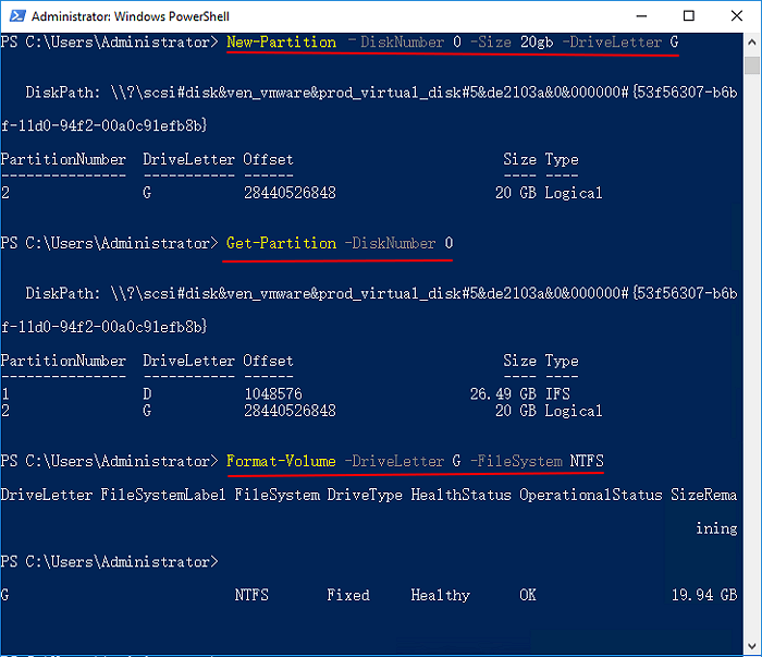 Befehlszeilen zum Erstellen von Volumes mit PowerShell in Windows Server