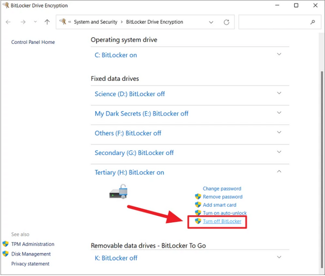 Klicken Sie auf Laufwerk und dann auf Bitlocker deaktivieren