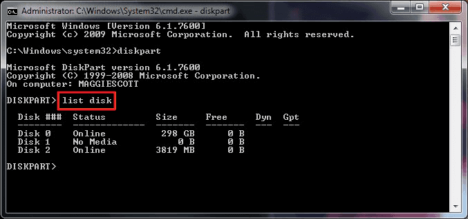 Geben Sie list disk ein