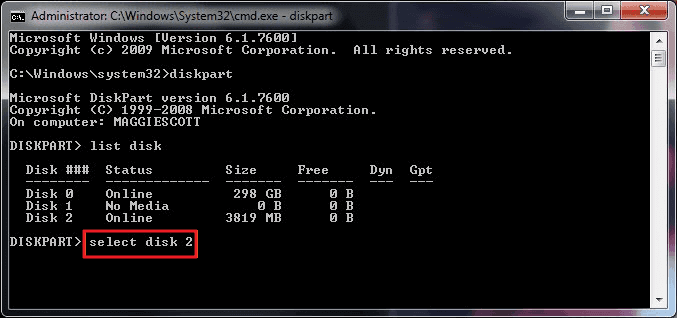 Geben Sie select disk 1 ein