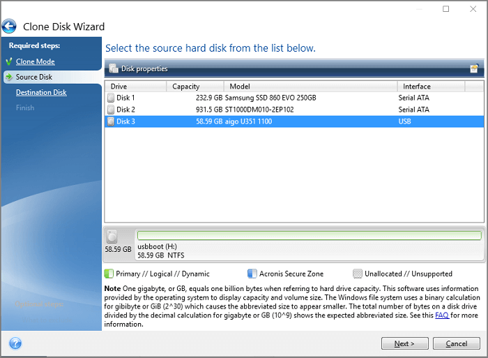 Wählen Sie die Quellfestplatte aus