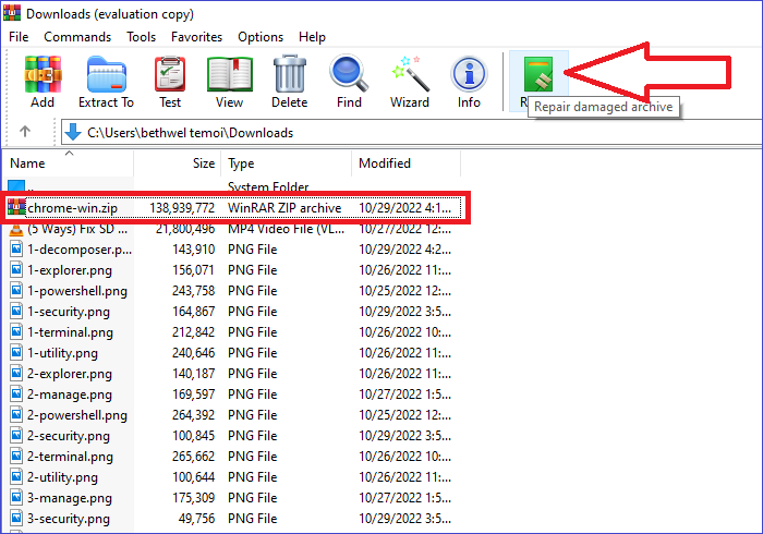 beschädigte Zip-Datei auswählen