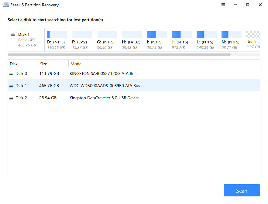 Wählen Sie das Laufwerk zum Scannen der verlorenen Partition