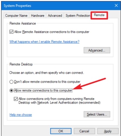 Fernverbindung auf diesem Computer zulassen einschalten