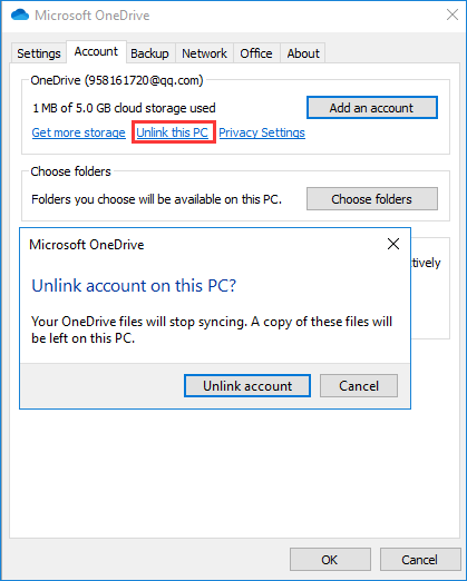 Trennen Sie OneDrive vom PC