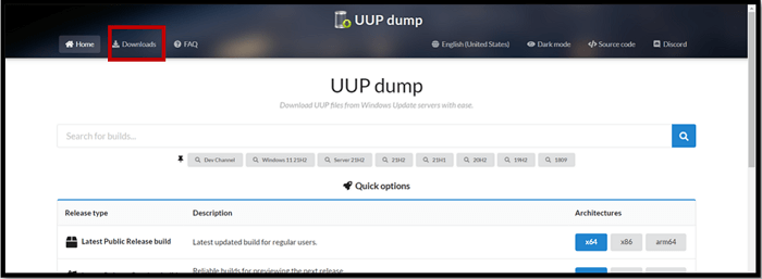 Öffnen Sie verfügbare Downloads auf der UUP-Dump-Seite