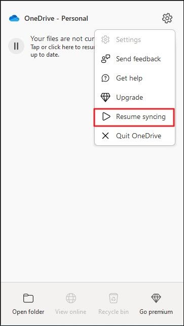 Setzen Sie den Onedrive-Synchronisierungsprozess fort