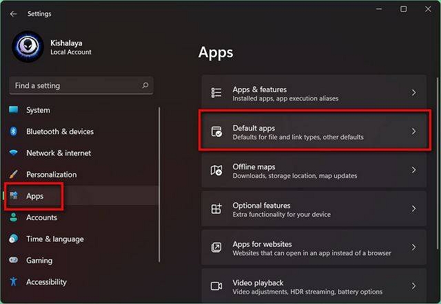 Auf Standardanwendungen klicken