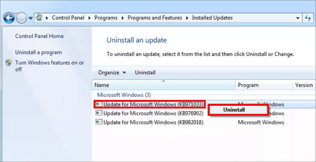 Deinstallieren Sie das Update für Windows 7 Build 7601