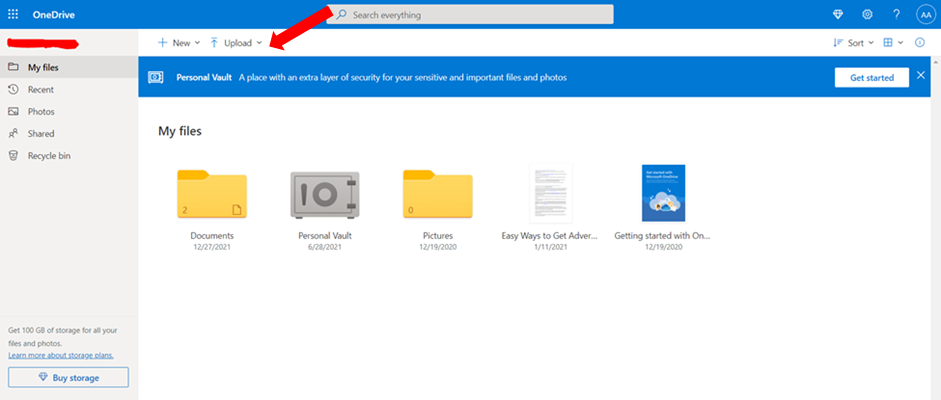 Laden Sie Dateien von der Onedrive-Website hoch
