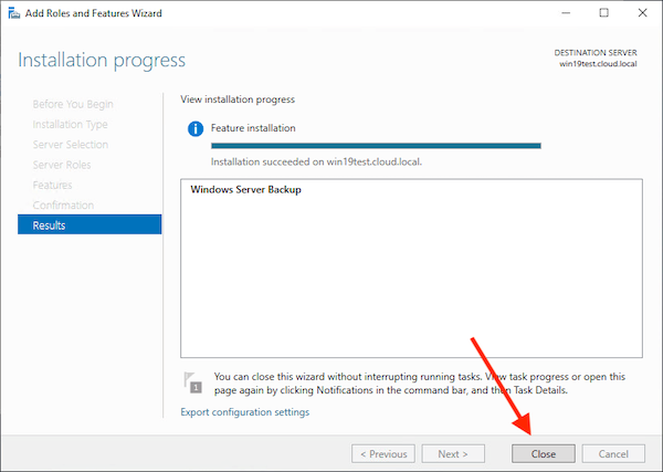 Installationsfortschritt der Windows Server Backup-Funktion
