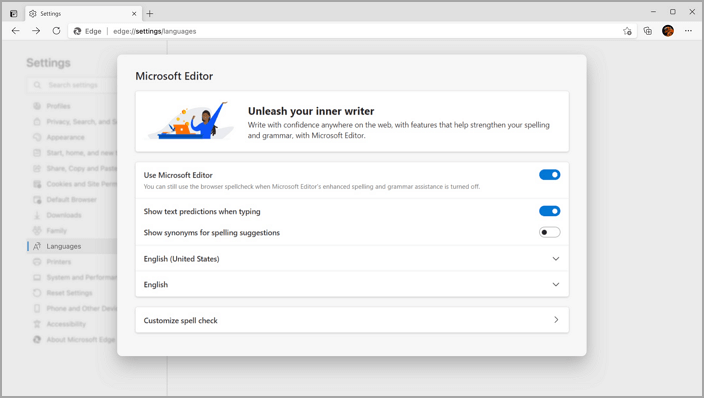 Editoreinstellungen - Microsoft Edge