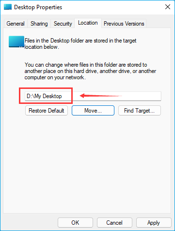 Eingabe des neuen Speicherorts für den Desktop-Ordner