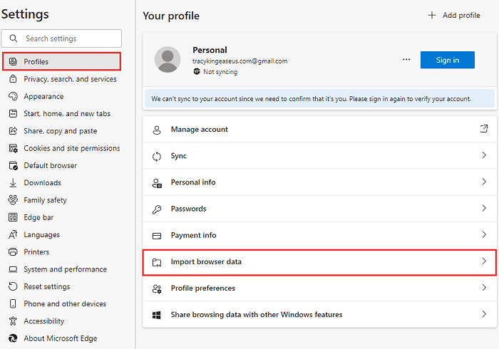 Zum Importieren von Internet Explorer-Daten festlegen