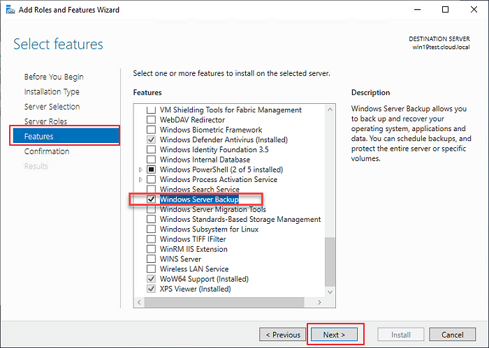 Windows Server Backup wählen