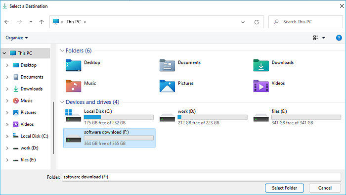 Wählen Sie den Zielort für den Download