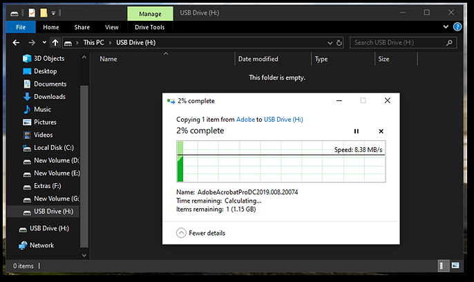 Einfügen großer Dateien auf usb