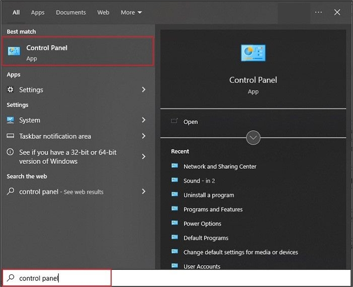suche nach bedienfeld