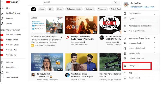 Wählen Sie Einstellungen auf der Startseite